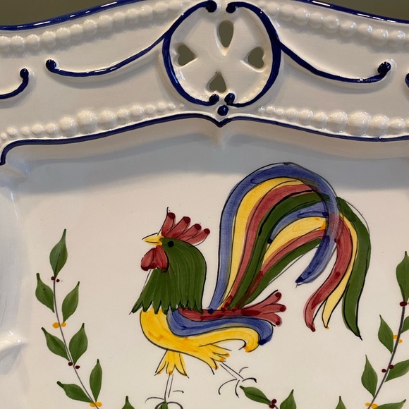 Beautiful white and blue 12 inch square painted rooster dish. - Picture 9 of 10